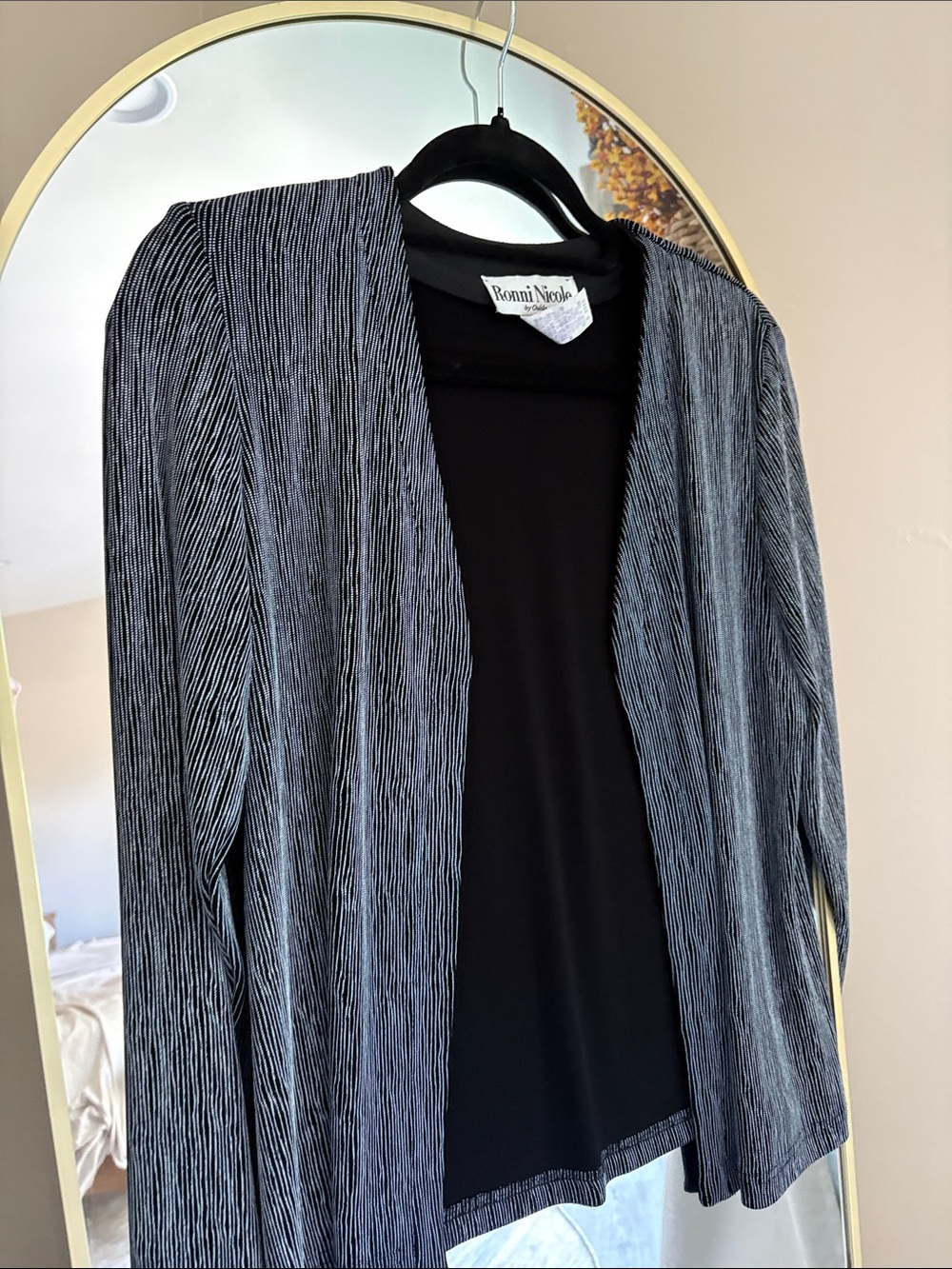 Ronni Nicole Black and Silver Pleated Open-Front Jacket and pants